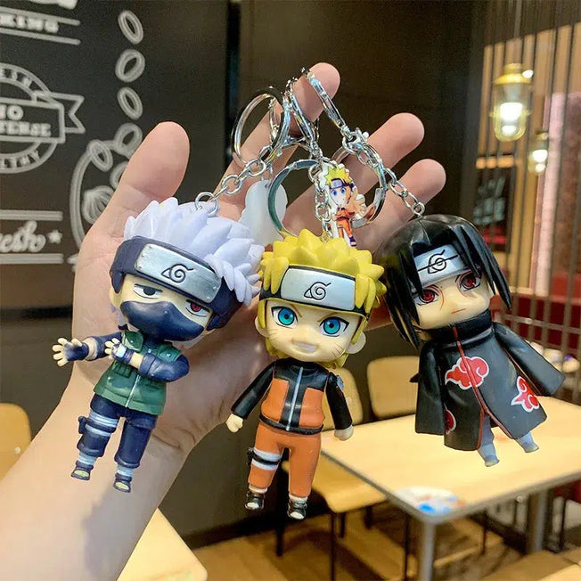 This assortment of Naruto-themed keychains includes characters such as Sasuke, Kakashi, Itachi, and Jiraiya