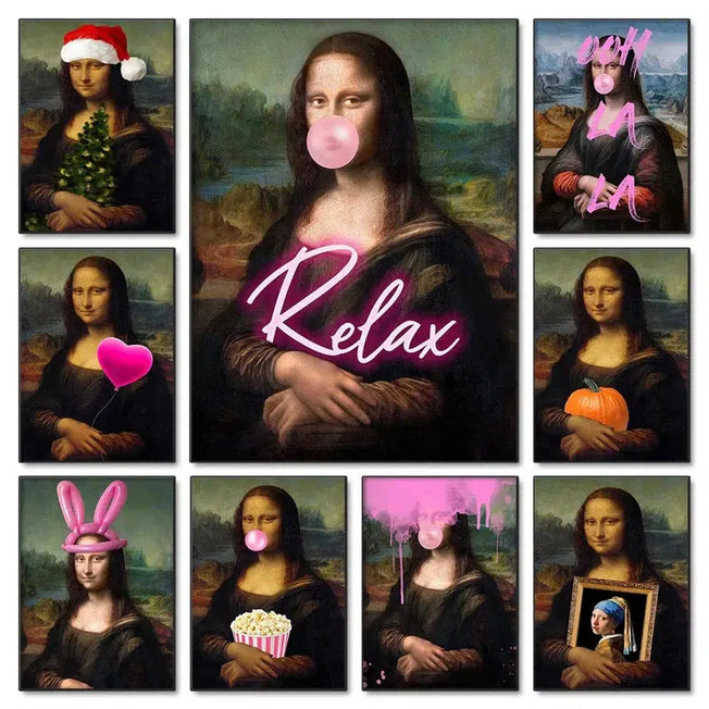 Mona Lisa Pink Bubble Canvas Painting: Christmas Hat Popcorn Posters - Wall Art for Room Cuadros Decorativos