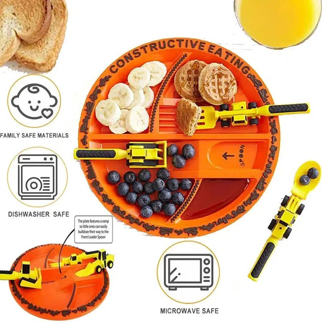 Construction Culinary Adventure: Car Bulldozer Excavator Shovel Plate Knife Fork Spoon Tableware Set - Safe and Practical Dinnerware Set for Children and Kids