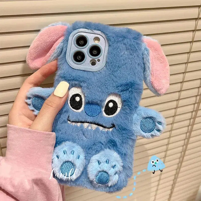 Winter Whimsy: 3D Cartoon Cute Plush Disney Stitch Phone Cases - For iPhone 14 13 12 11 Pro Max XR XS MAX X - Couple Anti-drop Soft Cover for Added Charm.