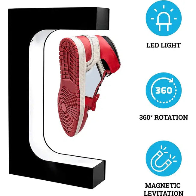 Magnetic Floating Shoe Display Stand: Levitation Sneaker Holder with LED Light for Advertising Store. Elevate your product presentation with a levitating shoe display.