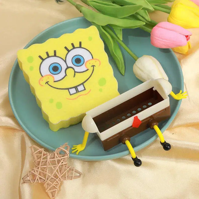 SpongeBob Dish Brush: Kitchen Cleaning Essential with Drain Rack, Reusable Scrub Pad for Sparkling Dishes – Make Cleaning Fun!