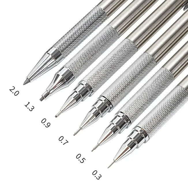 Mechanical Pencil Set - 0.3, 0.5, 0.7, 0.9, 1.3, 2.0mm - Full Metal Art Drawing Painting Automatic Pencil with Leads - Office and School Supply