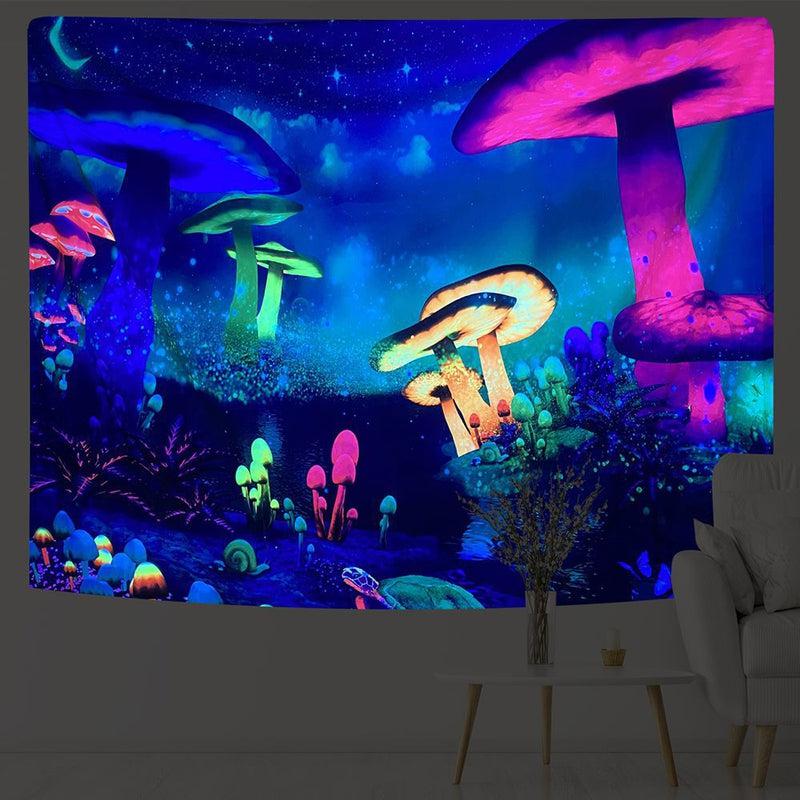 Enchanting Glow-in-the-Dark Mushroom Tapestry: Psychedelic UV-Responsive Decor