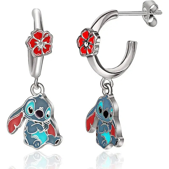 Charm of Ohana: Cute Disney Lilo and Stitch Hoop Earrings - New Classic Anime Character Enamel Drops, Exquisite Jewelry Gift for Girls and Women