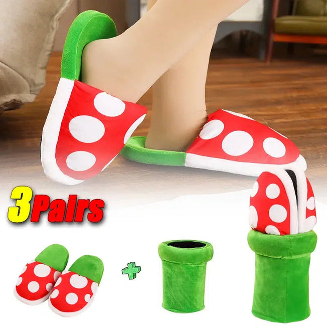 Whimsical Comfort: 3 Pairs of Mario Cannibal Flower Slippers - Warm and Cute Cotton Shoes with Mushroom Plush Design - Experience Fun and Cozy Feet