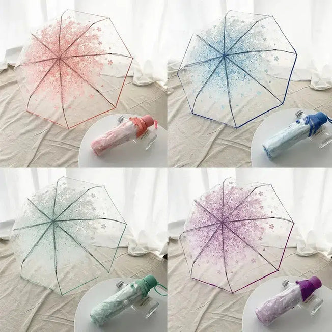 Chic and Compact: Korean Umbrella - Folding Cute Mini Fresh Sen Series - Trifold Cherry Blossom Transparent Japanese Umbrella - Stay Stylish in the Rain