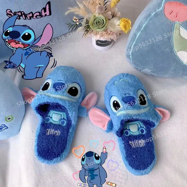 Stitch's Cozy Haven: Disney Plush Slippers with Cartoon Charm - Whimsical Warmth for Women & Children in a Furry Winter Delight.