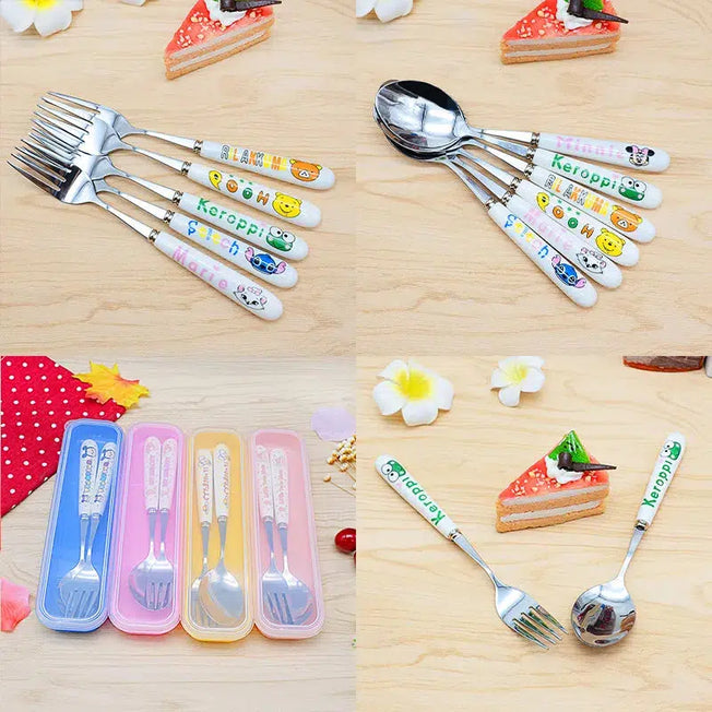 Charming Cartoon Disney Kawaii Spoon and Fork Set - Featuring Cute KT Cat, Mickey, and Stitch Designs - Perfect for Children - Ideal for Household, Lunch, Fruit, Steak