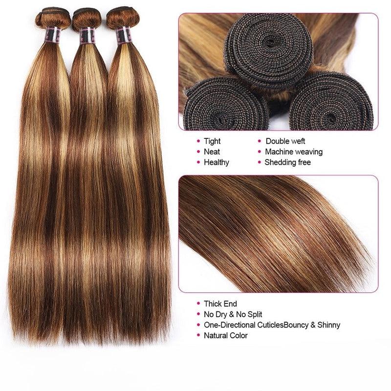 iShow Hair Highlight Human Hair Bundles | Frontal Ombre Hair Locks with Closures | Brazilian Straight Hair Bundles with Frontal | Multiple Extension Sizes