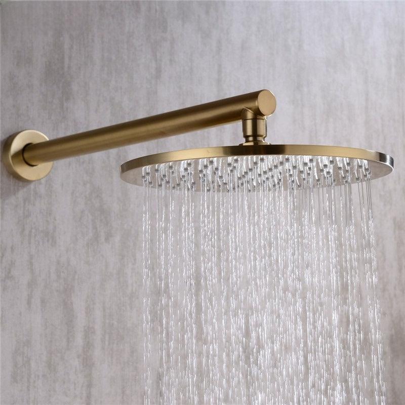 Brushed Gold Solid Brass Bathroom Shower Set | Rainfall Head Bath Faucet | Wall Mounted Ceiling Arm Mixer Water System Panel Black