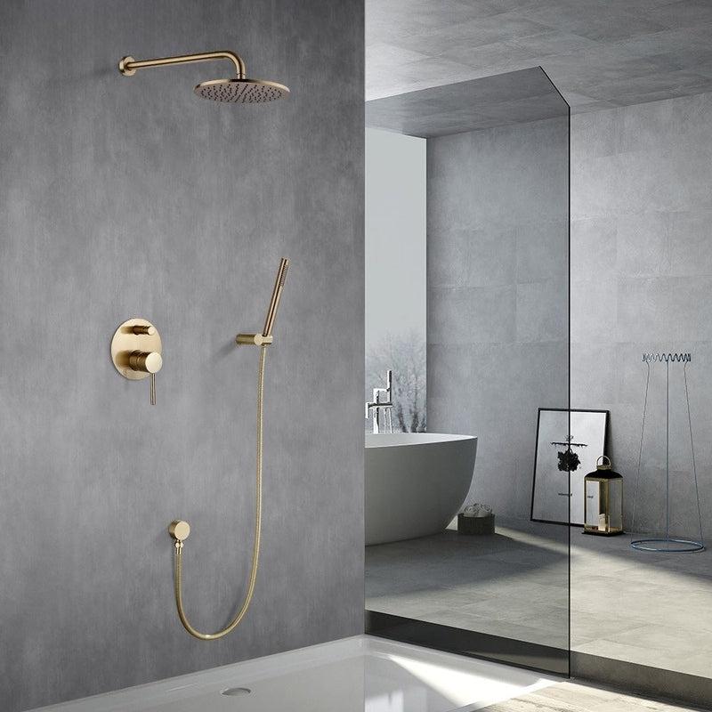 Brushed Gold Solid Brass Bathroom Shower Set | Rainfall Head Bath Faucet | Wall Mounted Ceiling Arm Mixer Water System Panel Black