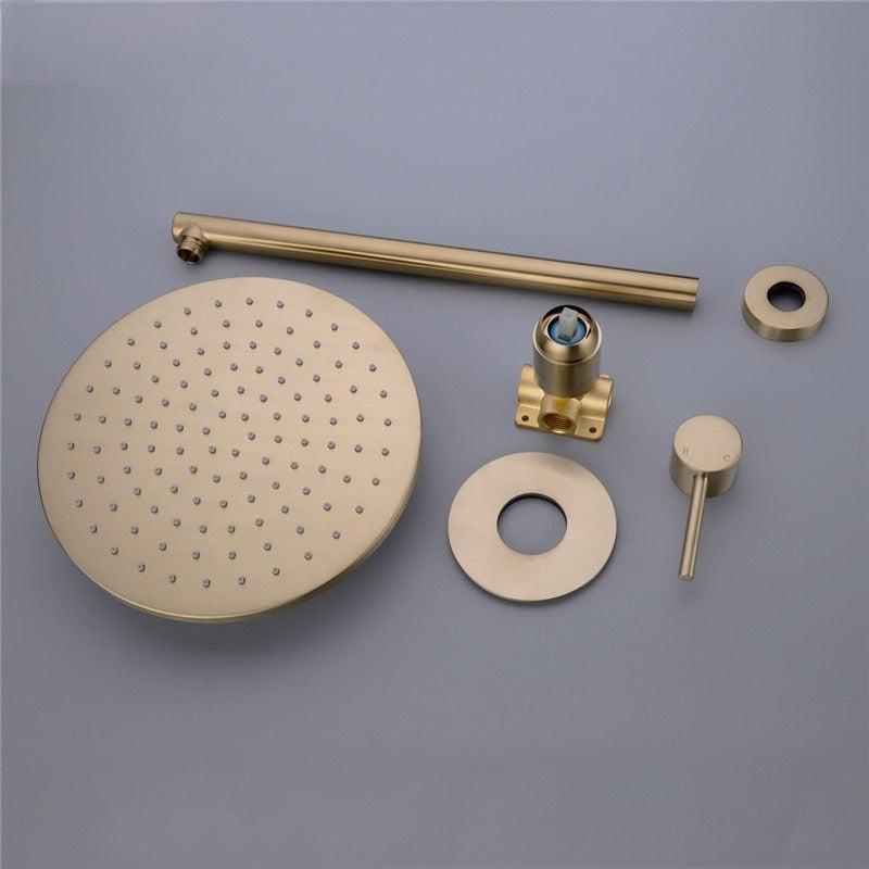 Brushed Gold Solid Brass Bathroom Shower Set | Rainfall Head Bath Faucet | Wall Mounted Ceiling Arm Mixer Water System Panel Black