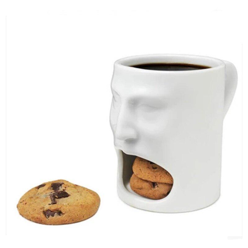 Creative Face-Shaped Ceramic Coffee Mug with Cookie Toast Holder | Funny and Whimsical Eating Cake Milk Cup | Perfect Gift