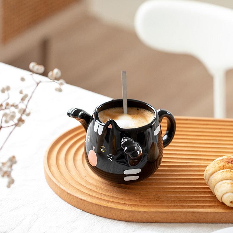 Cartoon Cute Cat Mugs with Spoons | Playful Ceramic Mug for Coffee, Tea
