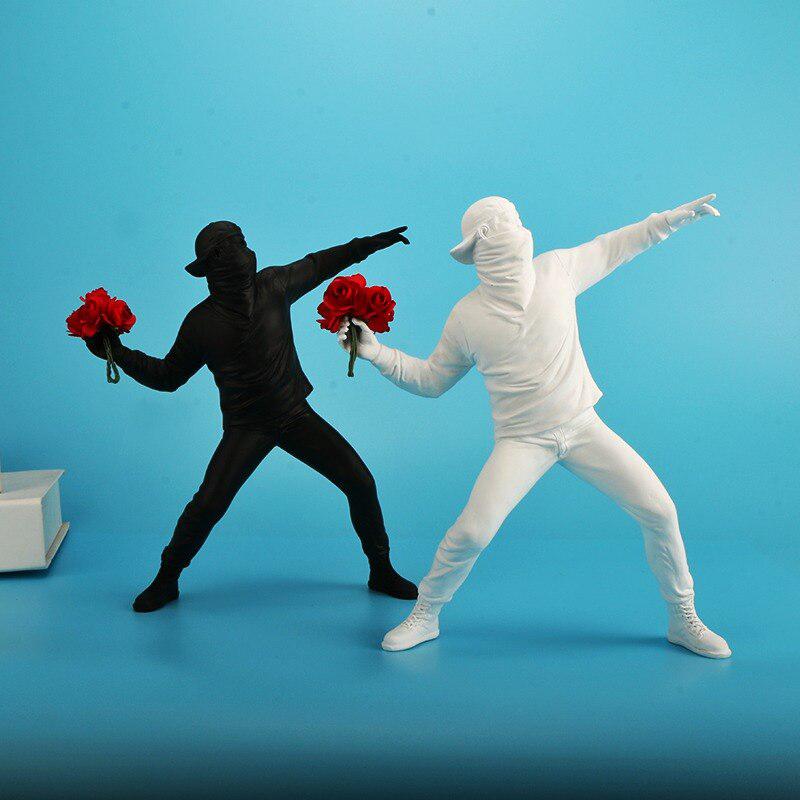 Resin Banksy Sculpture | Flower Thrower Antifa Figurine for Home Decoration, Desk Accessories, Collectible Interior Decor