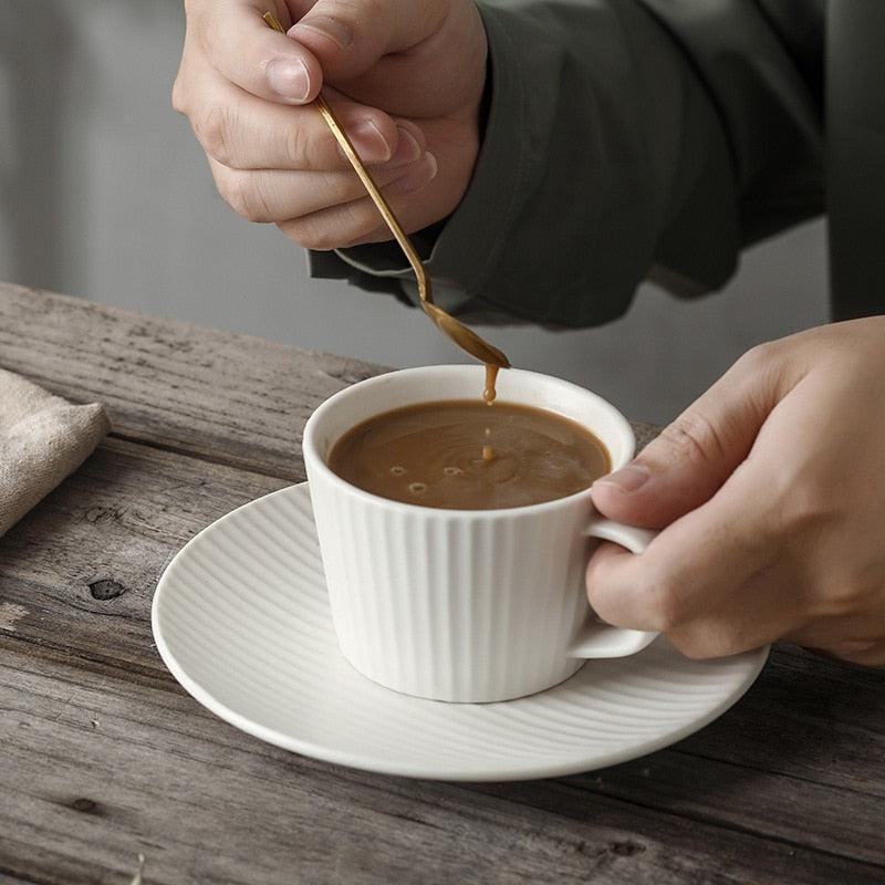 Japanese Vintage Striped Ceramic Coffee Cup and Saucer Set | Elegant Mug for Afternoon Tea and Cappuccino