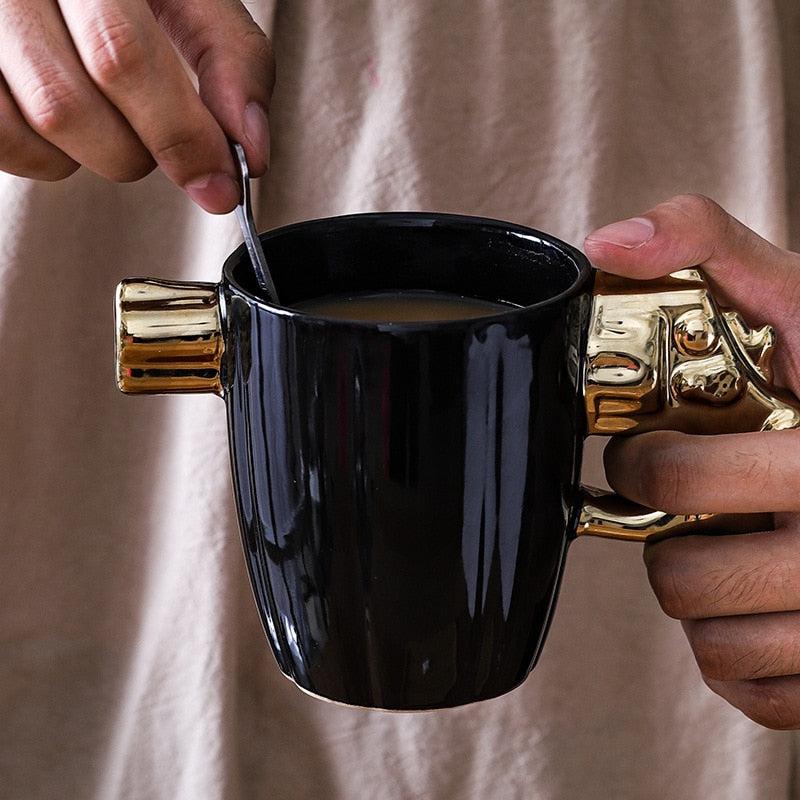 Fashion Creative Ceramic Cup | Gold Silver Revolver Pistol Modeling Coffee Mug | Novelty Personality 3D Pistol Handle Water Cup Gift