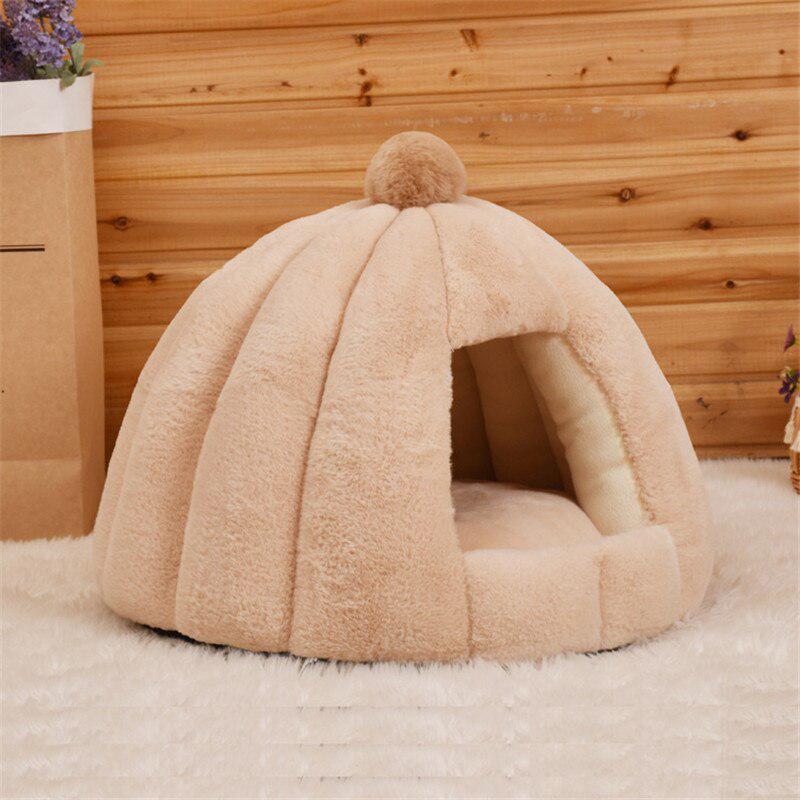 Cute Pet House Bed with Removable Mat | Cozy & Comfortable Kennel Nest for Cats and Dogs | Pumpkin-Shaped Design | Perfect for Sleeping & Lounging