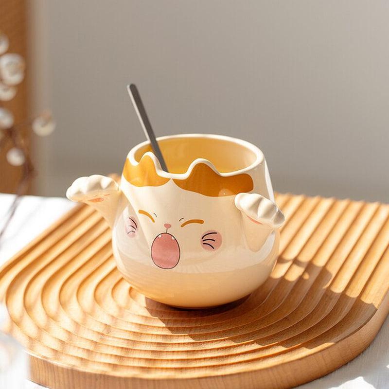 Cartoon Cute Cat Mugs with Spoons | Playful Ceramic Mug for Coffee, Tea