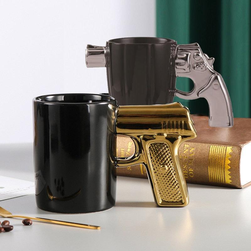 Fashion Creative Ceramic Cup | Gold Silver Revolver Pistol Modeling Coffee Mug | Novelty Personality 3D Pistol Handle Water Cup Gift