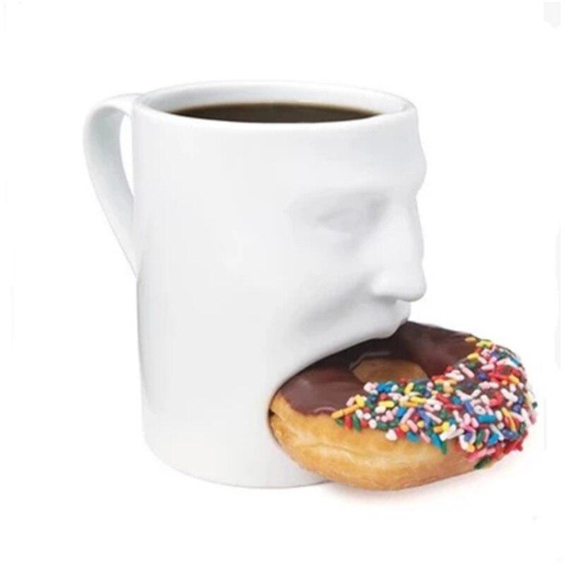 Creative Face-Shaped Ceramic Coffee Mug with Cookie Toast Holder | Funny and Whimsical Eating Cake Milk Cup | Perfect Gift