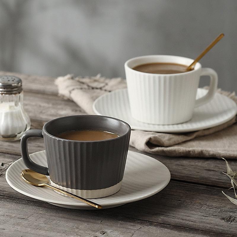 Japanese Vintage Striped Ceramic Coffee Cup and Saucer Set | Elegant Mug for Afternoon Tea and Cappuccino