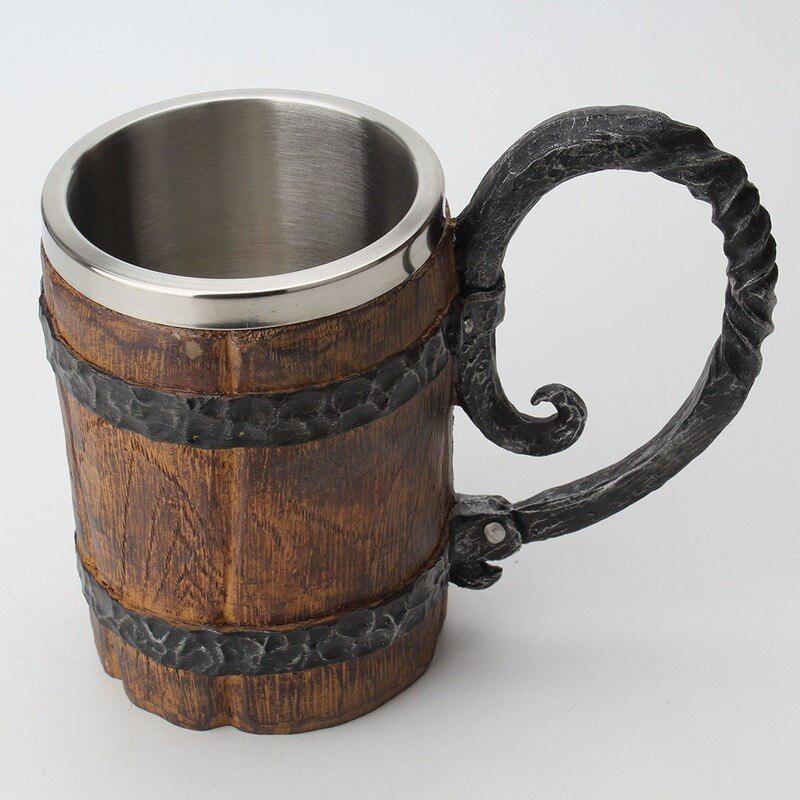Viking Wood Style Beer Mug - Simulation Wooden Barrel Beer Cup, Double Wall Insulated Metal Drinking Mug for Bar & Party