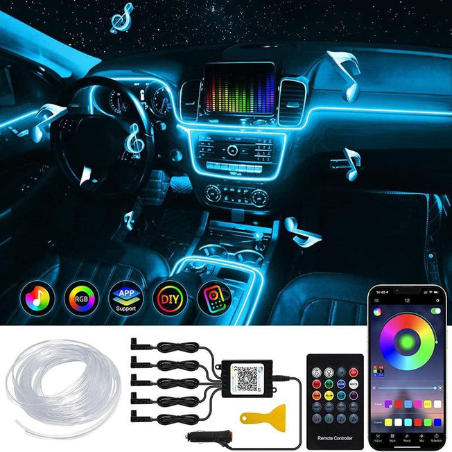 Neon LED Car Interior Ambient Light Fiber Optic EL Wire Strip Light | USB RGB Auto Accessories LED Decorative RGB Light Strip Kit | 8m / 6m
