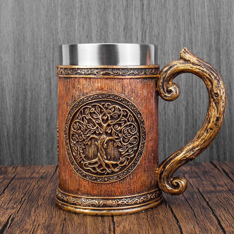 Norse Tree of Life Viking Mug | Resin & Stainless Steel Beer | Goblet with Celtic Tree Design | Halloween Gifts