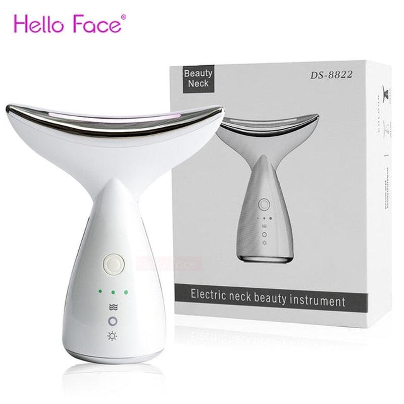 Hello Face Beauty Neck Massage Device, Anti-wrinkles Anti-aging Reduced Puffiness Facial Device for Skin Tightening and Lifting, 3 Colors LED Photon Therapy, Rechargeable Battery, Skin Care Tools