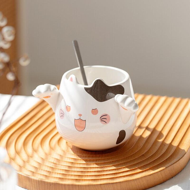 Cartoon Cute Cat Mugs with Spoons | Playful Ceramic Mug for Coffee, Tea