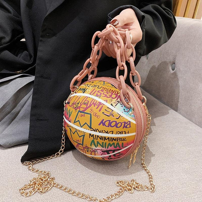 Basketball Fashion Bag for Girls | Graffiti Style & Multicolor Selections | Leather Round Crossbody Pack | Metal Chain Strap | Fashion Statement Shoulder Bags