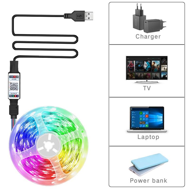 RGB 5050 LED Strip Light | Bluetooth App Control | 5V USB | Flexible Ribbon Diode Tape for TV Backlight and Room Decoration