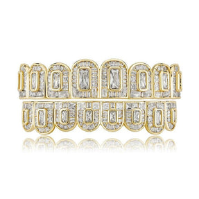 TOPGRILLZ 2021 New Baguette Set Teeth Grillz | Full Iced Micro Pave Cubic Zirconia | 14K White Gold | Hip Hop Jewelry | For Men Women