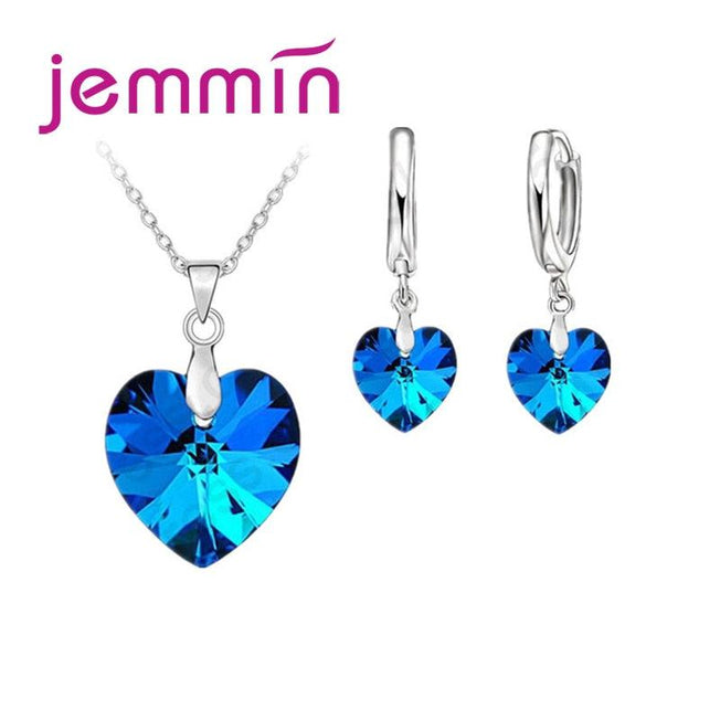 Crystal Heart Pendant Necklace & Lever Back Earrings Set | Elegant Sterling Silver Jewelry Gift