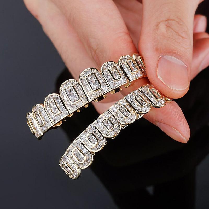 TOPGRILLZ 2021 New Baguette Set Teeth Grillz | Full Iced Micro Pave Cubic Zirconia | 14K White Gold | Hip Hop Jewelry | For Men Women