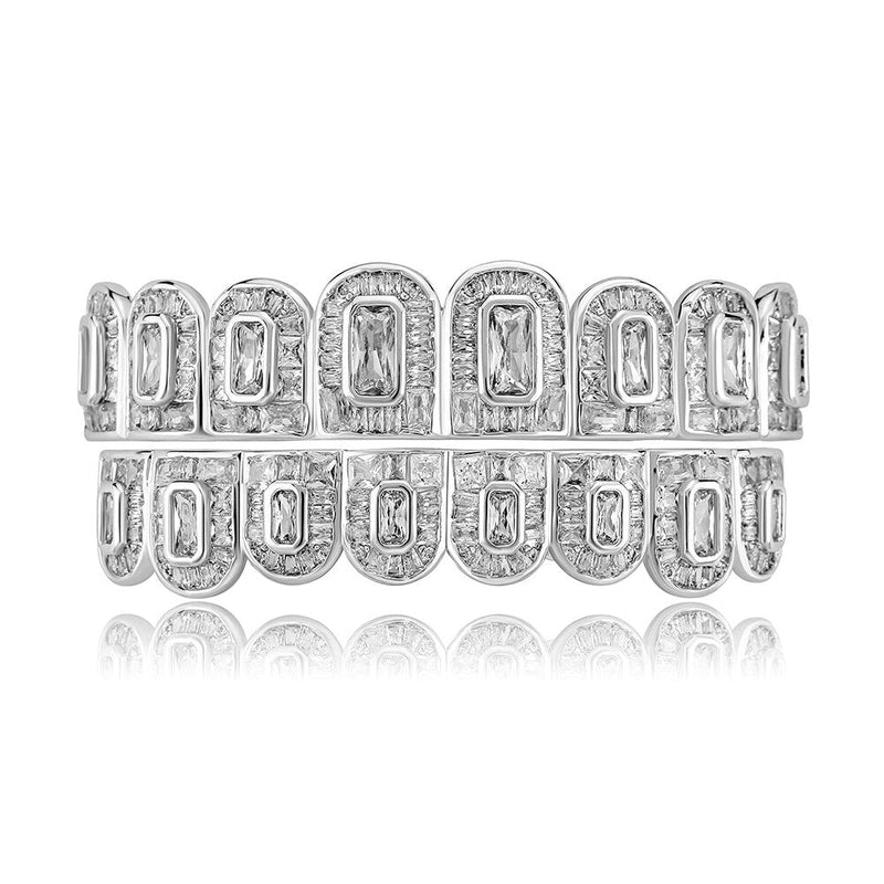 TOPGRILLZ 2021 New Baguette Set Teeth Grillz | Full Iced Micro Pave Cubic Zirconia | 14K White Gold | Hip Hop Jewelry | For Men Women