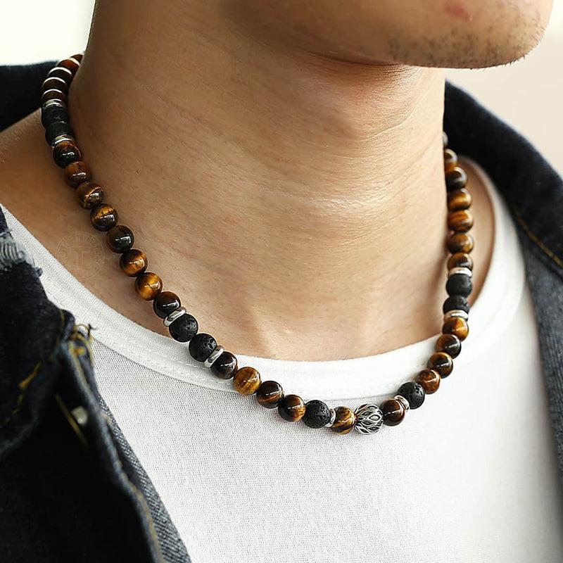 Natural Stone Tiger Eyes Lava Bead Necklace | Stainless Steel Beaded Charm Neck Chain | Fashion Male Jewelry