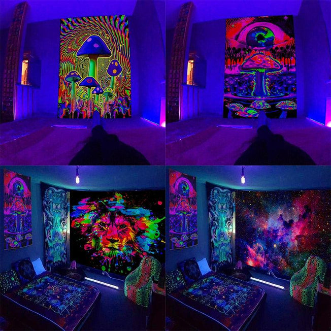 Enchanting Glow-in-the-Dark Mushroom Tapestry: Psychedelic UV-Responsive Decor