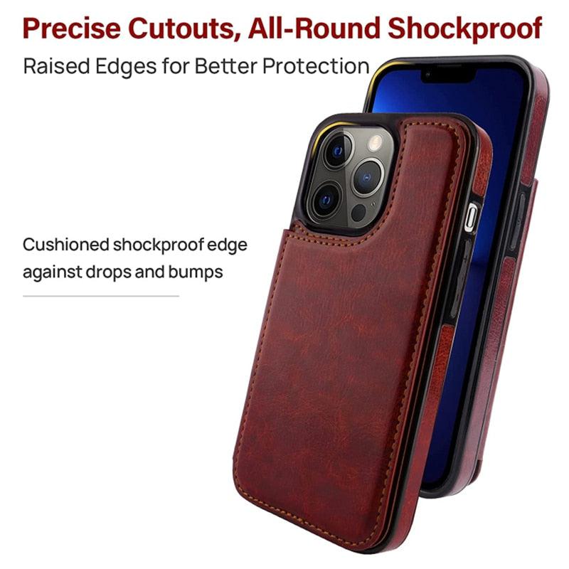 Premium PU Leather Wallet Case for iPhone - Slim, Lightweight, Card Holder, Shockproof Protection, Stand Feature | Precise Cutouts, Wireless Charging Compatible