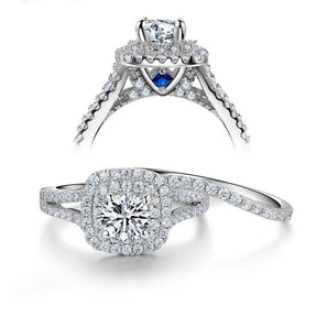 Newshe Double Halo Round Cut CZ Engagement Ring Wedding Band | Victorian Style 925 Silver Bridal Jewelry | 2 Pcs Set