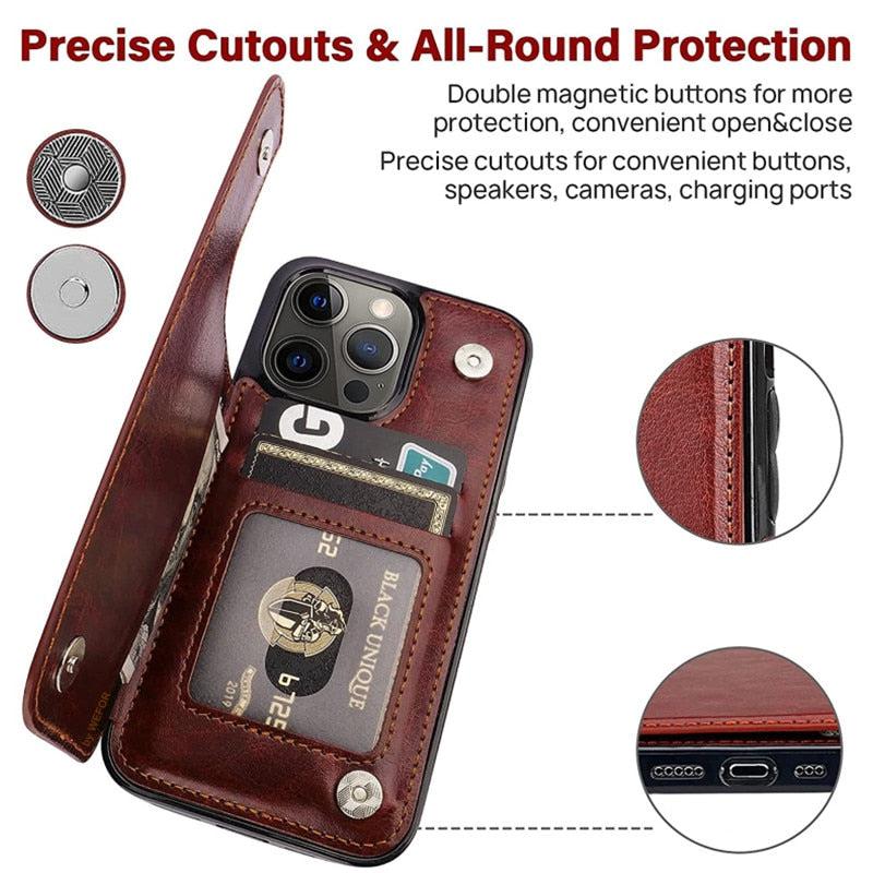 Premium PU Leather Wallet Case for iPhone - Slim, Lightweight, Card Holder, Shockproof Protection, Stand Feature | Precise Cutouts, Wireless Charging Compatible