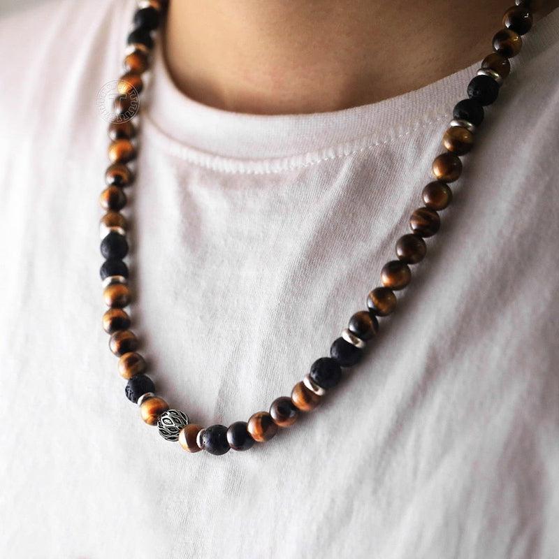 Natural Stone Tiger Eyes Lava Bead Necklace | Stainless Steel Beaded Charm Neck Chain | Fashion Male Jewelry