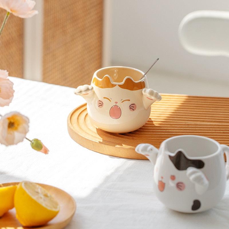 Cartoon Cute Cat Mugs with Spoons | Playful Ceramic Mug for Coffee, Tea