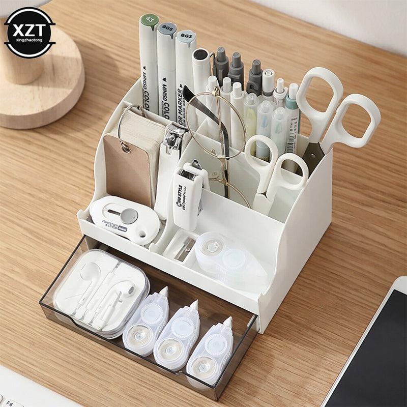 Desk Accessories Pen Holder with Drawer | Pencil Storage Box Desktop Organizer | School Office Stationery