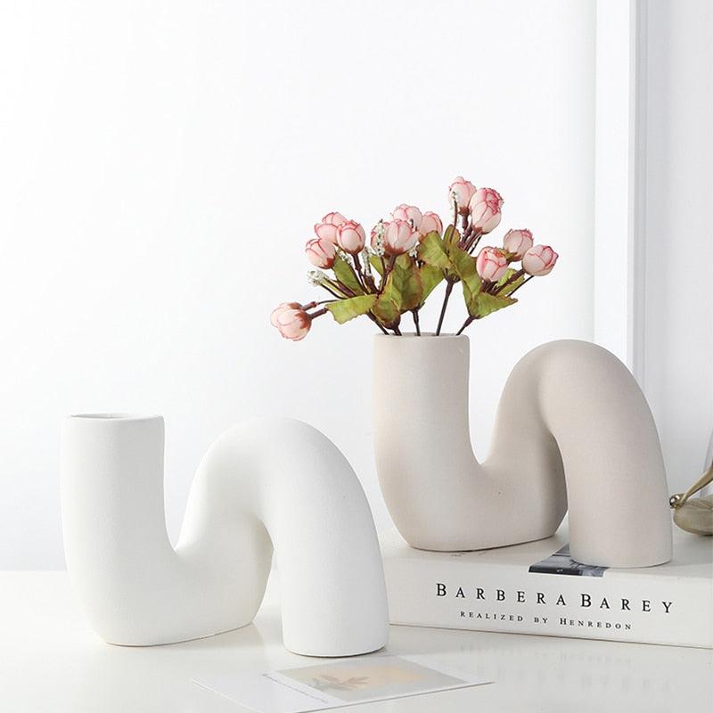 Minimalist Modern Ceramic Abstract Vases | White Twisted Tube Shape Flower Pots For Interior Home Decor Accessories
