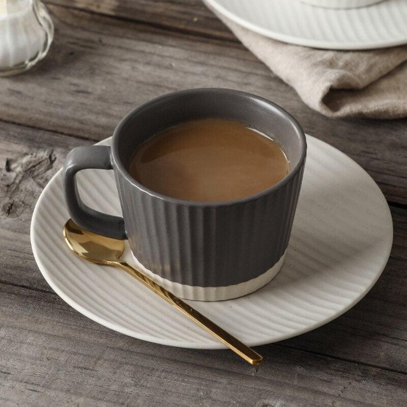 Japanese Vintage Striped Ceramic Coffee Cup and Saucer Set | Elegant Mug for Afternoon Tea and Cappuccino