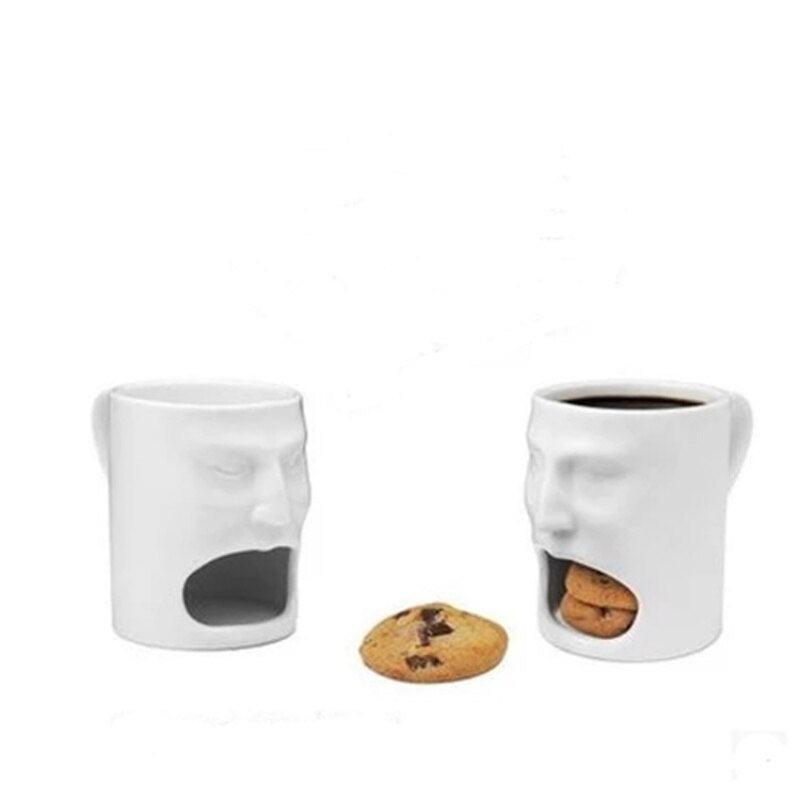 Creative Face-Shaped Ceramic Coffee Mug with Cookie Toast Holder | Funny and Whimsical Eating Cake Milk Cup | Perfect Gift