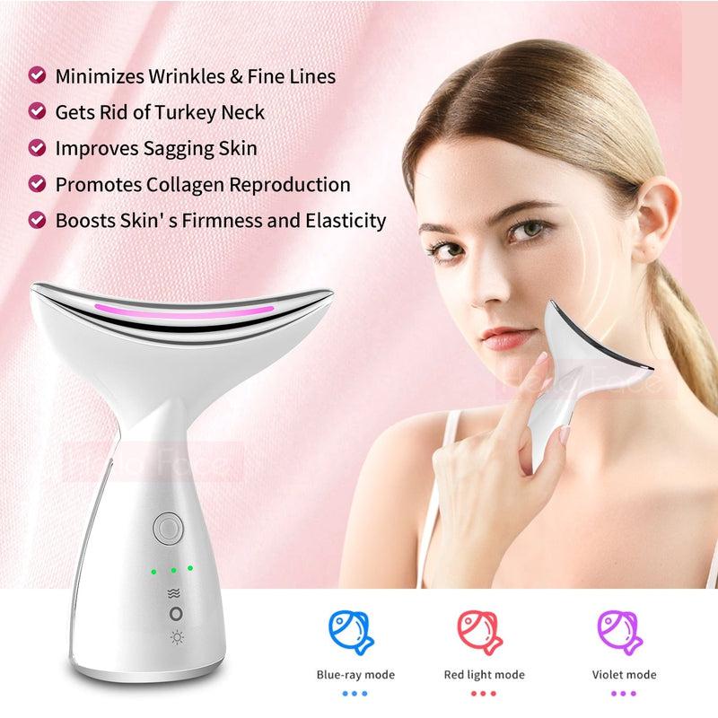 Hello Face Beauty Neck Massage Device, Anti-wrinkles Anti-aging Reduced Puffiness Facial Device for Skin Tightening and Lifting, 3 Colors LED Photon Therapy, Rechargeable Battery, Skin Care Tools